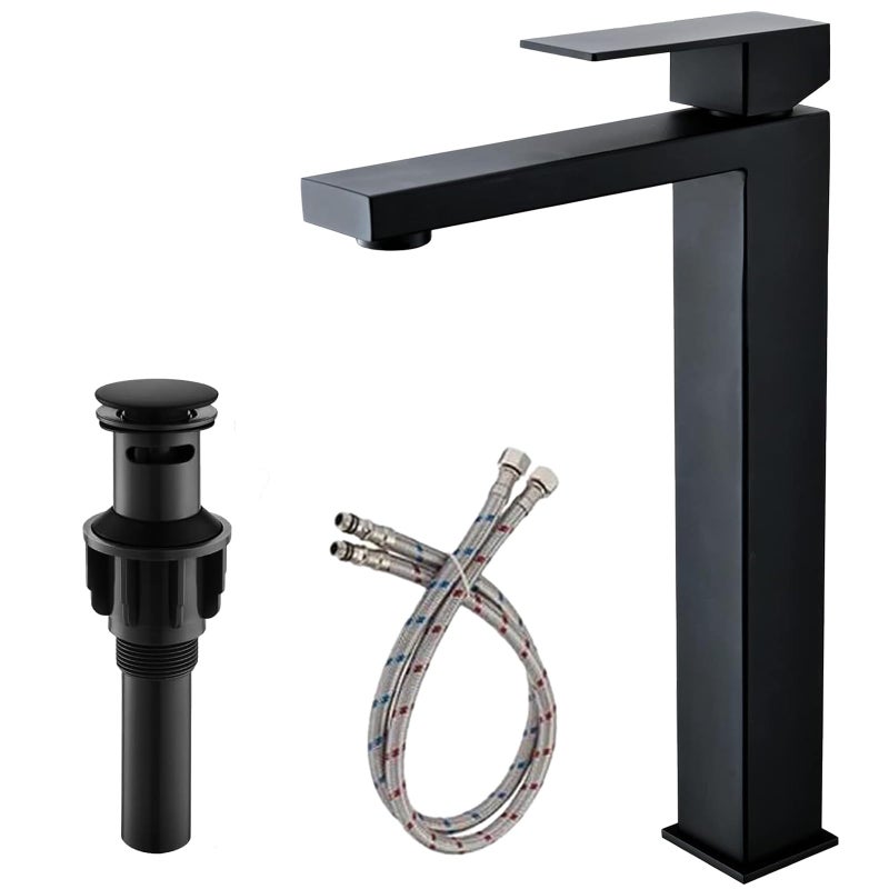 Friho Single Handle Matte Black Tall Bathroom Vessel Sink Faucet, Modern Vanity Basin Mixer Tap Bathroom Sink Faucet with Drain Pop up&Water Hoses, FRDC17914B - Image 1